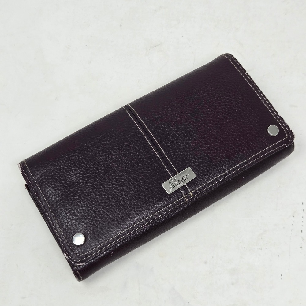 Buxton Womens Pebbled Leather Trifold Clutch Wallet Burgundy Purple Snap Closure